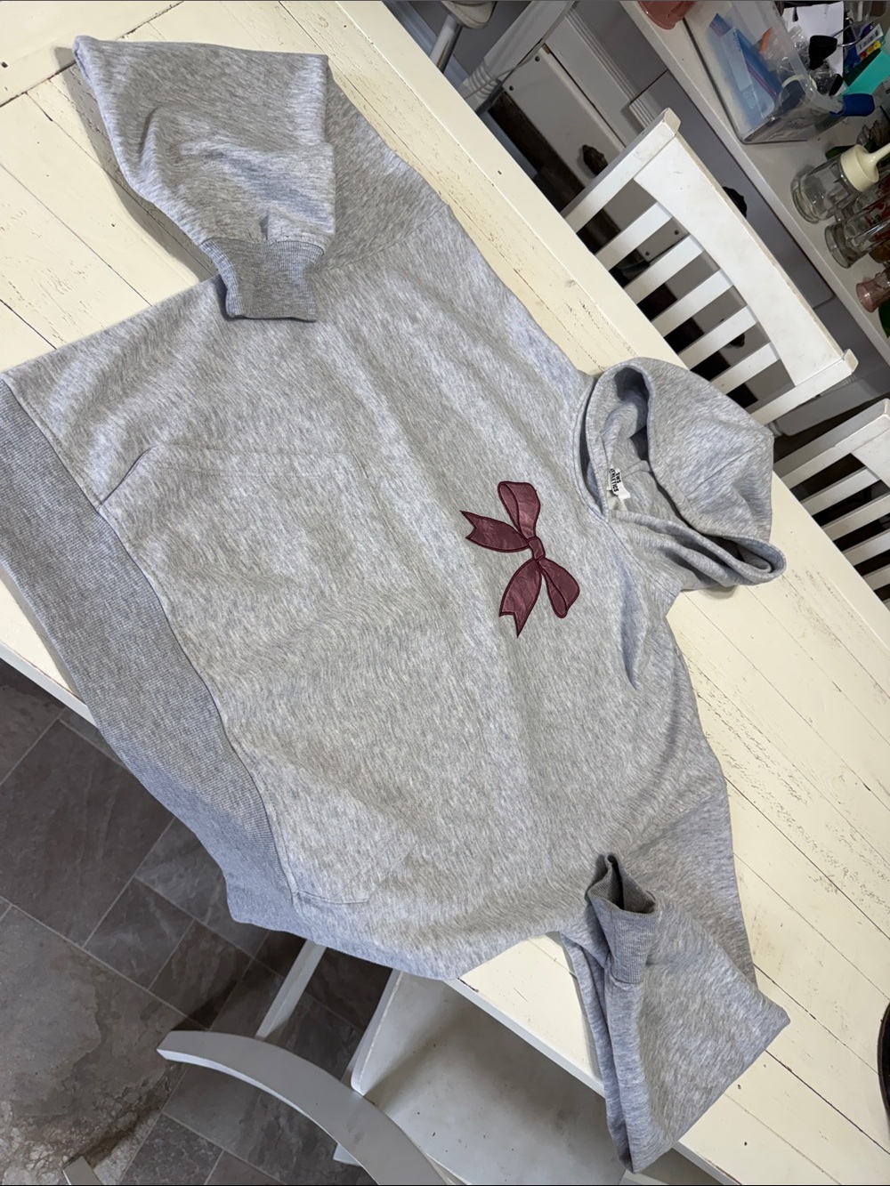 Ladies Gray Hoodie with Burgundy Bow Graphic Main Character Vibes Always M EUC